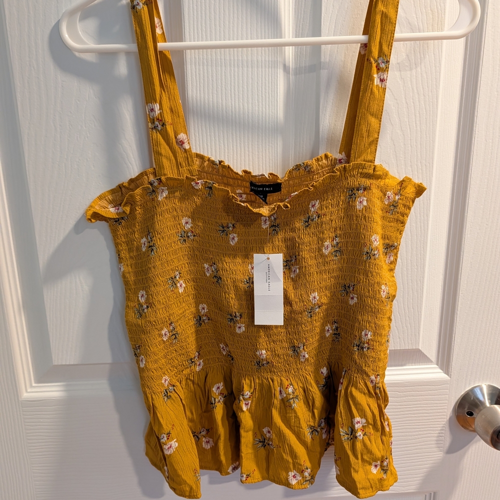 American Eagle Outfitters Mustard Floral Smocked Cami Top